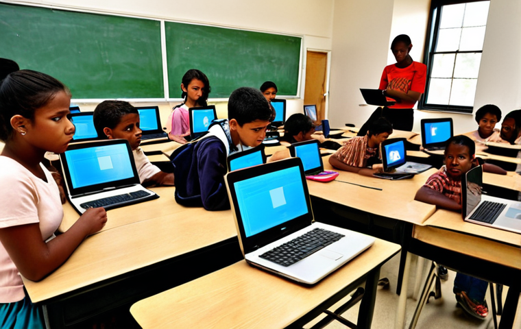 **Image Prompt for Digital Divide in Education**:
"A classroom scene depicting diverse students, some with modern laptops and others struggling with outdated technology. The background should show a contrast between a well-equipped learning environment and a less privileged one, highlighting the digital divide in access to technology in education."